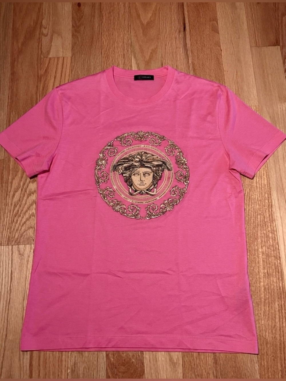 Versace Pink Gold Medusa Rhinestone Embellished Runway Tshirt